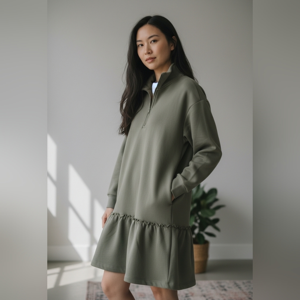 UpWest Super Soft Fleece Heath Green Drop Waist Sweatshirt Dress Pockets Medium